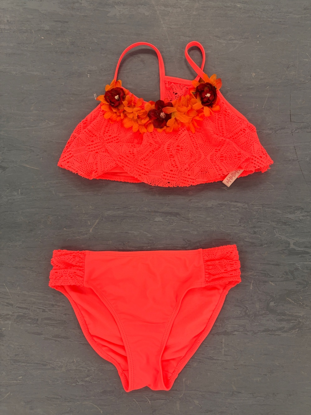 SO Neon Coral Lace Floral Two-Piece Swimset